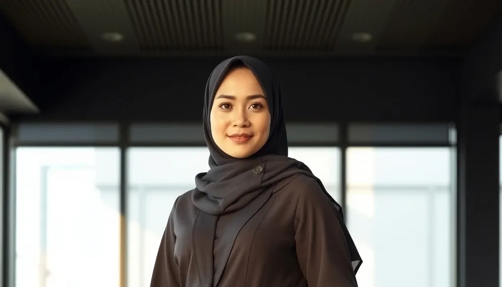 Muslimah mengenakan abaya navy di ruang kantor